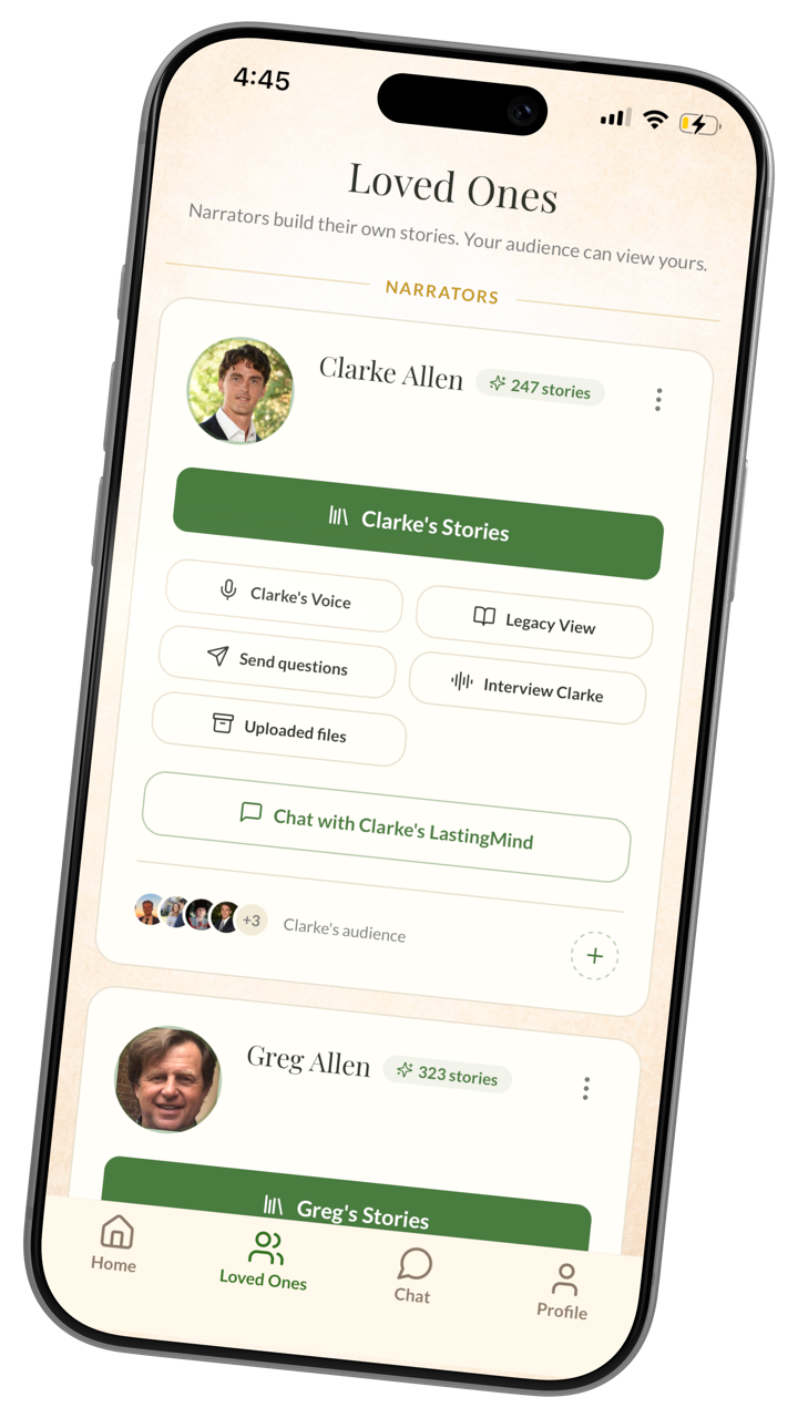 The Loved Ones screen in the LastingMind app, listing each narrator with their stories, voice, Legacy View, and chat